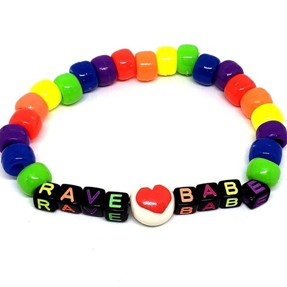 Rainbow "Rave Babe" Heart Emoji Kandi Word bracelet - Picture 1 of 3